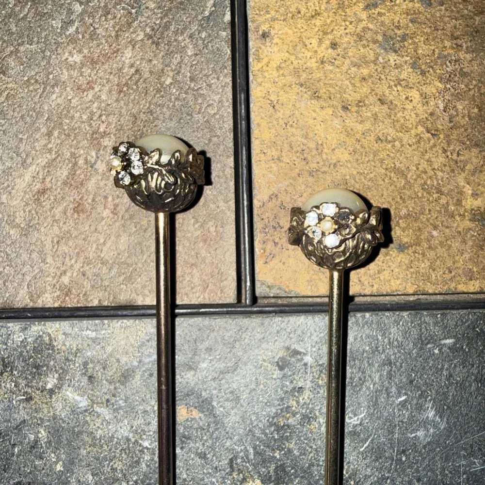 Long Gold Tone Cocktail Spoon & Fork Set Pearl End